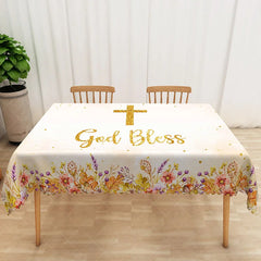 Aperturee - Aperturee White and Gold Floral Rectangle Tablecloth with Crucifix for Easter Christening or Baptism Decor