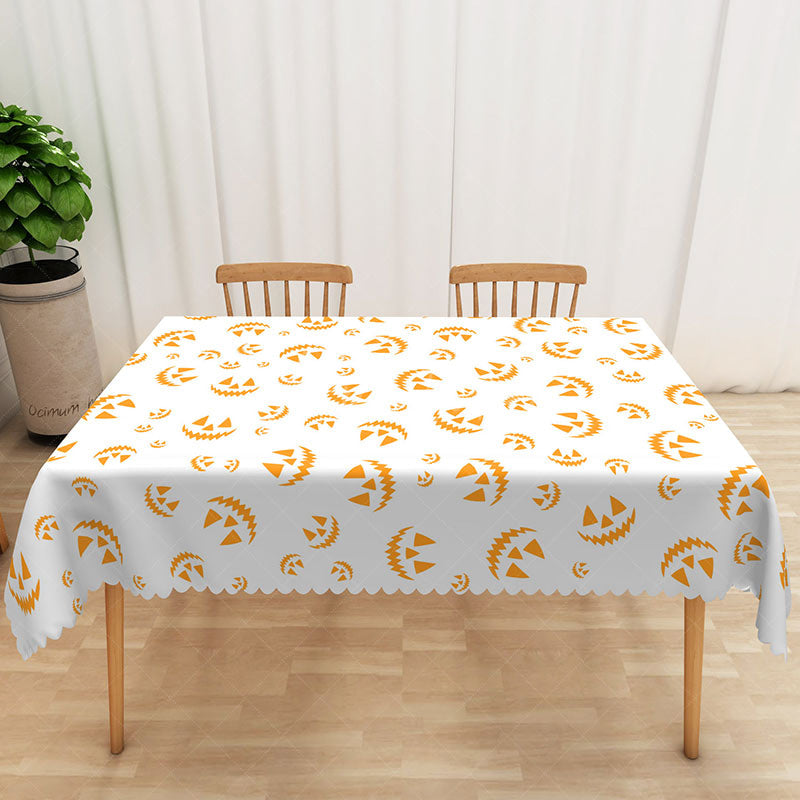 Aperturee - Aperturee White and Orange Jack O’ Lantern Halloween Rectangle Tablecloth for Fall Harvest and Spooky Party Decor