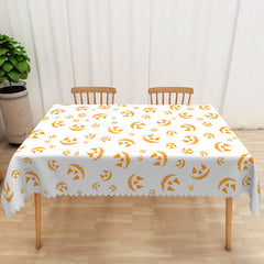 Aperturee - Aperturee White and Orange Jack O’ Lantern Halloween Rectangle Tablecloth for Fall Harvest and Spooky Party Decor
