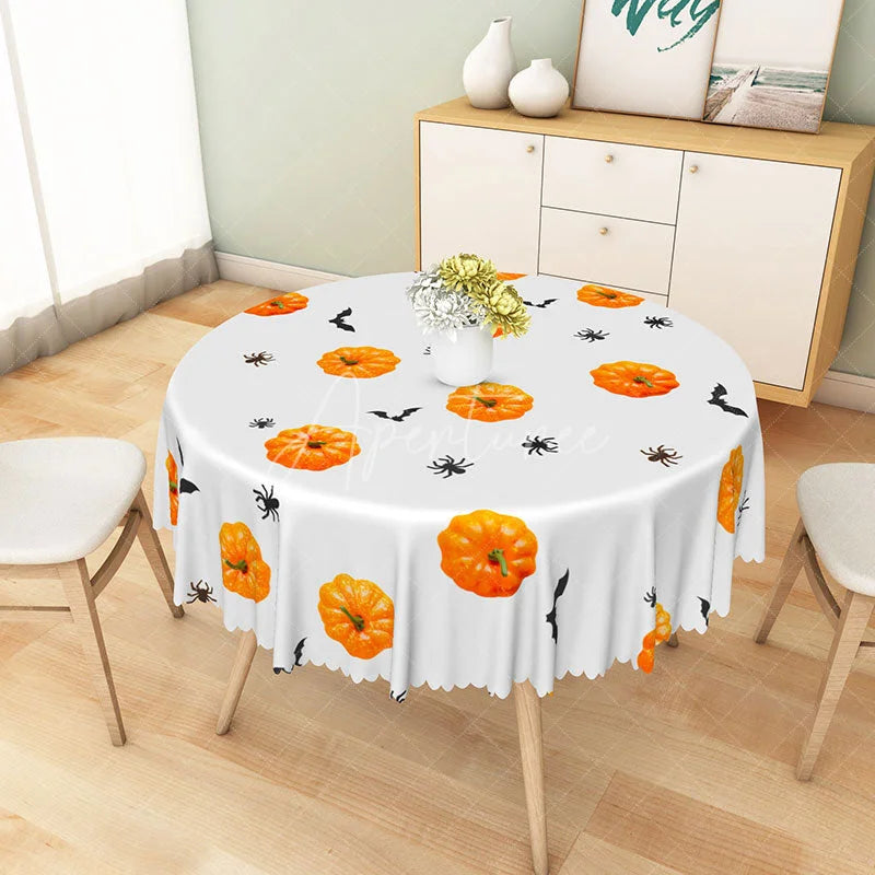 Aperturee - Aperturee White and Orange Jack-O’-Lantern Halloween Round Tablecloth for Spooky and Fun Holiday Party Decor