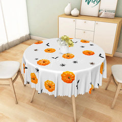 Aperturee - Aperturee White and Orange Jack-O’-Lantern Halloween Round Tablecloth for Spooky and Fun Holiday Party Decor