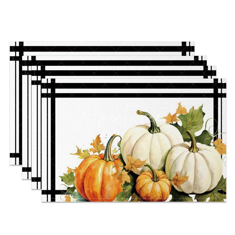 Aperturee - Aperturee White and Orange Pumpkin with Greenery Set of 4 Placemats for Modern Fall and Thanksgiving Decor