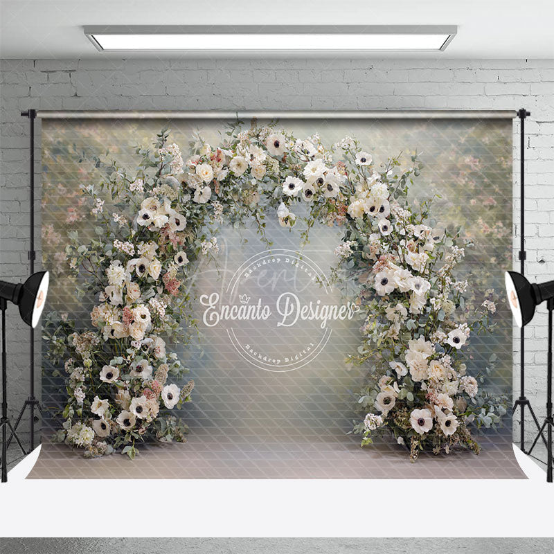 Aperturee - Aperturee White Anemone and Eucalyptus Floral Arch Photography Backdrop Elegant Garden Wedding Photo Background