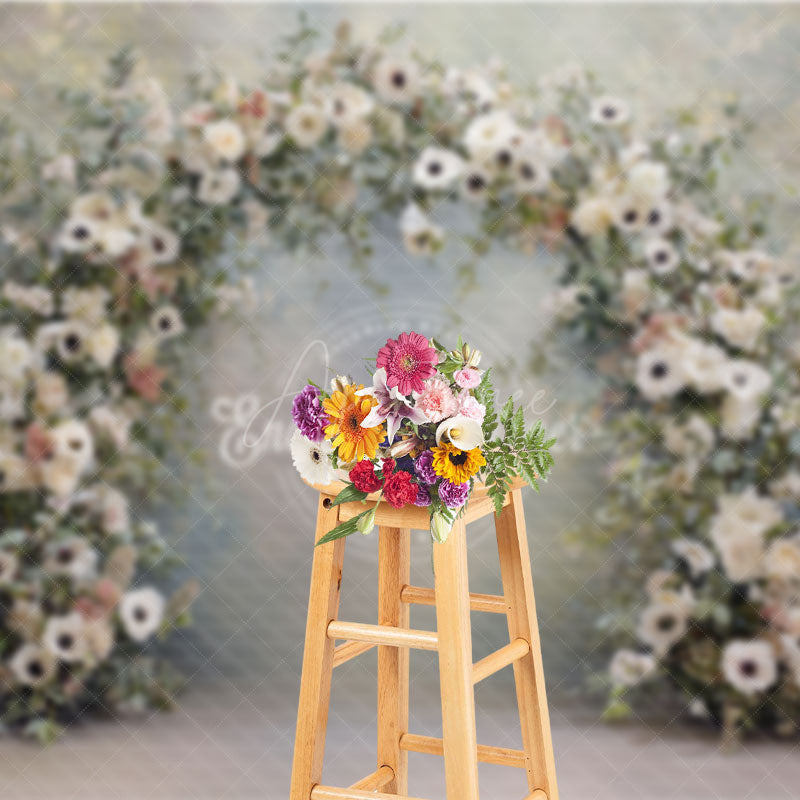 Aperturee - Aperturee White Anemone and Eucalyptus Floral Arch Photography Backdrop Elegant Garden Wedding Photo Background