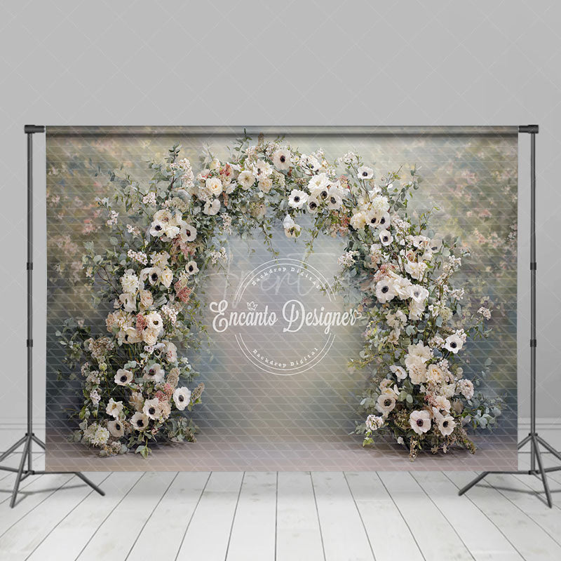 Aperturee - Aperturee White Anemone and Eucalyptus Floral Arch Photography Backdrop Elegant Garden Wedding Photo Background