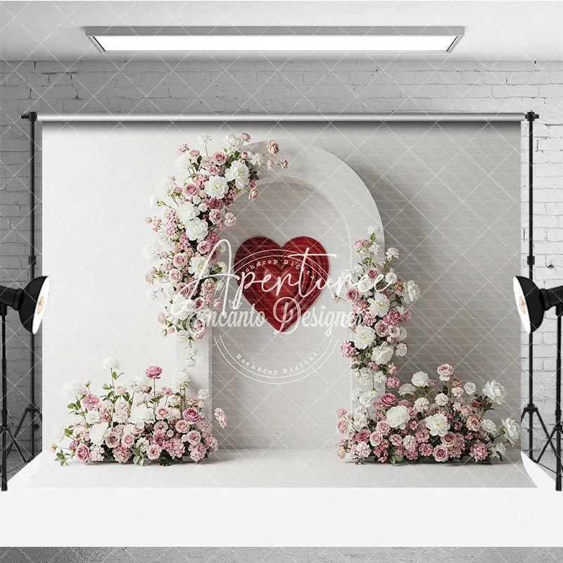 Aperturee - Aperturee White Arch with Pink and White Floral Arrangements and Red Heart Photography Backdrop Romantic Valentine’s Day Decor
