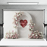 Aperturee - Aperturee White Arch with Pink and White Floral Arrangements and Red Heart Photography Backdrop Romantic Valentine’s Day Decor