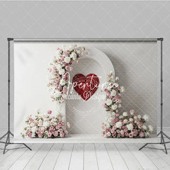 Aperturee - Aperturee White Arch with Pink and White Floral Arrangements and Red Heart Photography Backdrop Romantic Valentine’s Day Decor
