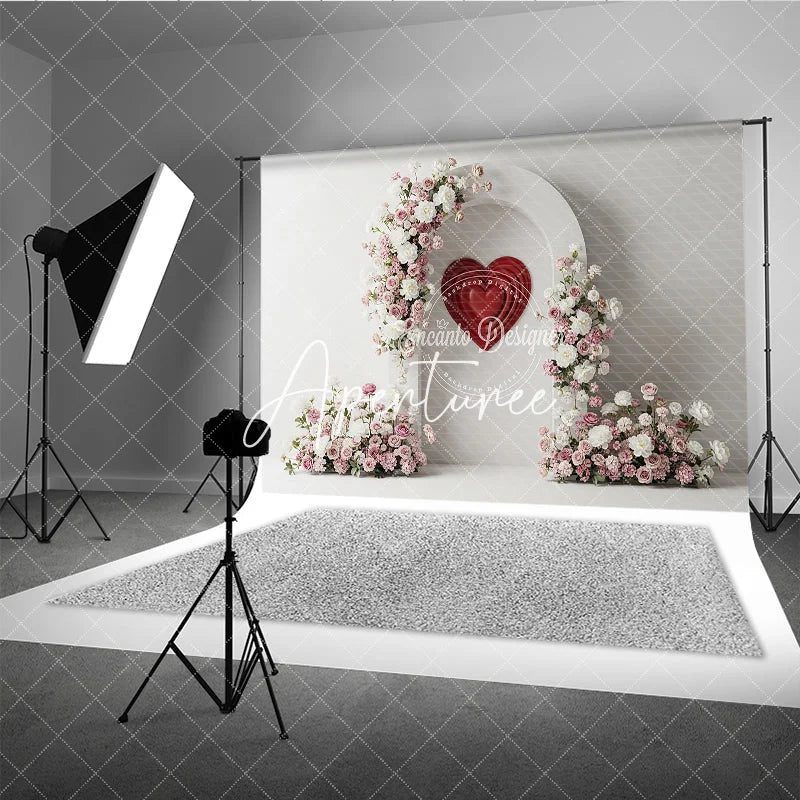 Aperturee - Aperturee White Arch with Pink and White Floral Arrangements and Red Heart Photography Backdrop Romantic Valentine’s Day Decor