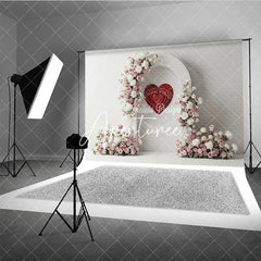 Aperturee - Aperturee White Arch with Pink and White Floral Arrangements and Red Heart Photography Backdrop Romantic Valentine’s Day Decor