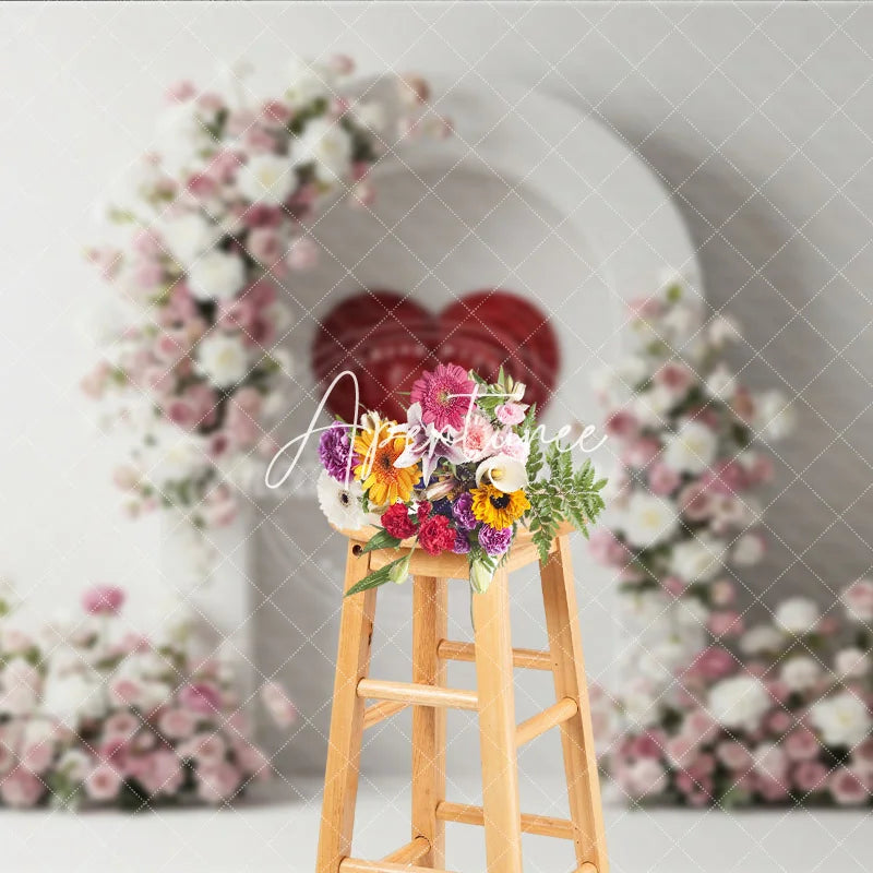 Aperturee - Aperturee White Arch with Pink and White Floral Arrangements and Red Heart Photography Backdrop Romantic Valentine’s Day Decor