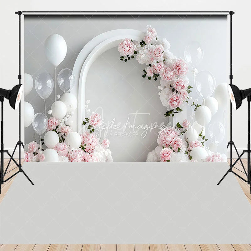 Aperturee - Aperturee White Arch with Pink Peonies and Balloons Combo Set Backdrop Elegant Floral Wedding Photo Background