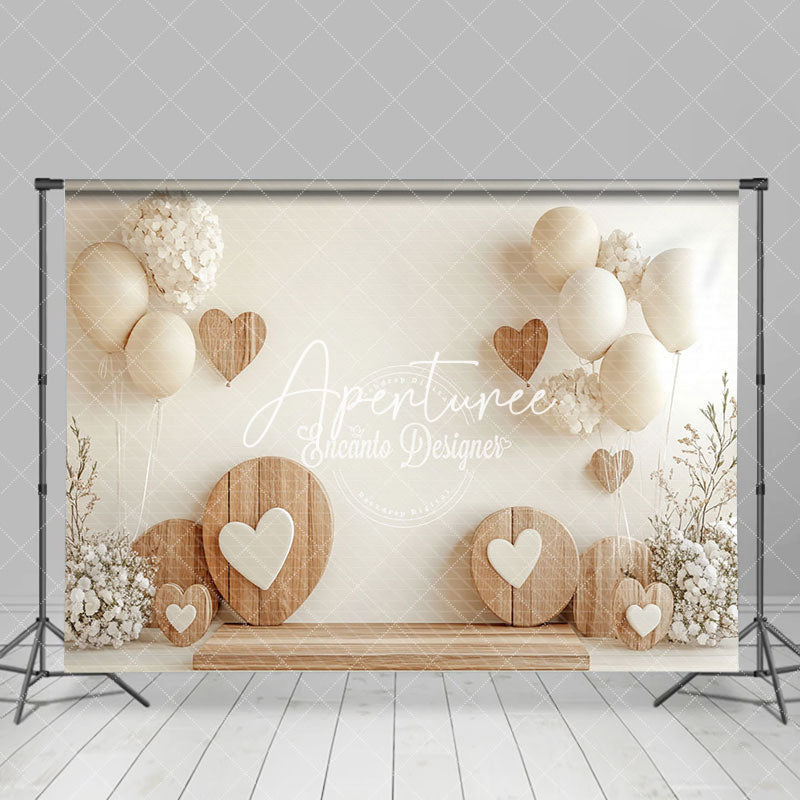 Aperturee - Aperturee White Balloons Floral Wood Heart Valentines Backdrop