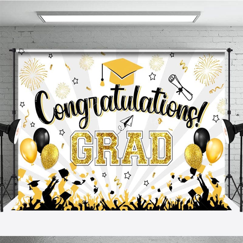 Aperturee - Aperturee White Beam Gold Sparkle Balloon Congrats Grad Backdrop