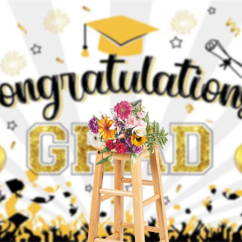 Aperturee - Aperturee White Beam Gold Sparkle Balloon Congrats Grad Backdrop