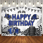 Aperturee - Aperturee White Blue Semi Truck Happy Birthday Backdrop For Boy