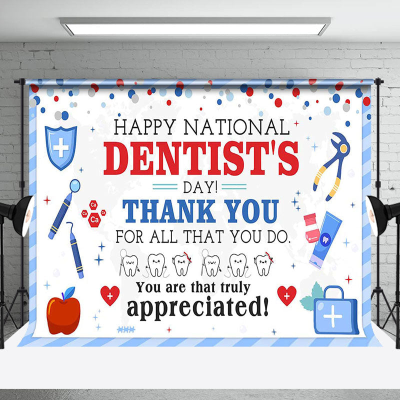 Aperturee - Aperturee White Blue Teeth Happy National Dentists Day Backdrop