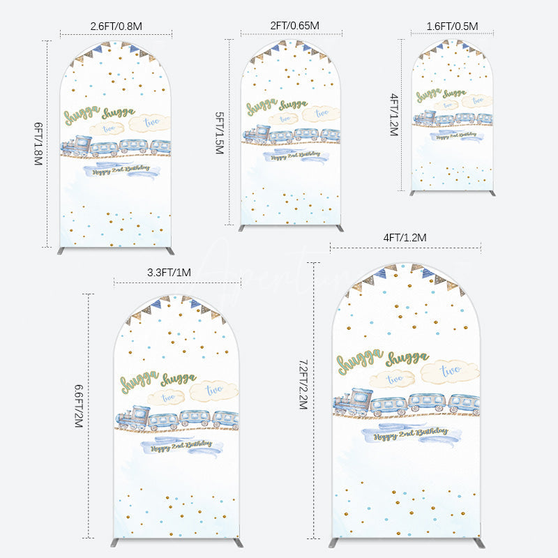Aperturee - Aperturee White Blue Train Happy 2nd Birthday Arch Backdrop