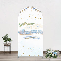 Aperturee - Aperturee White Blue Train Happy 2nd Birthday Arch Backdrop