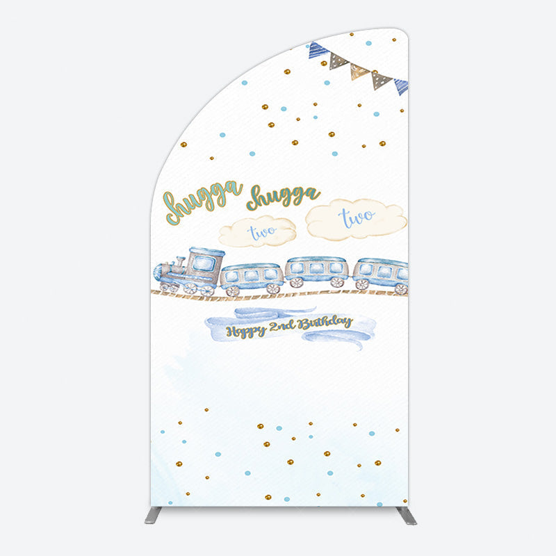 Aperturee - Aperturee White Blue Train Happy 2nd Birthday Half Moon Arch Backdrop