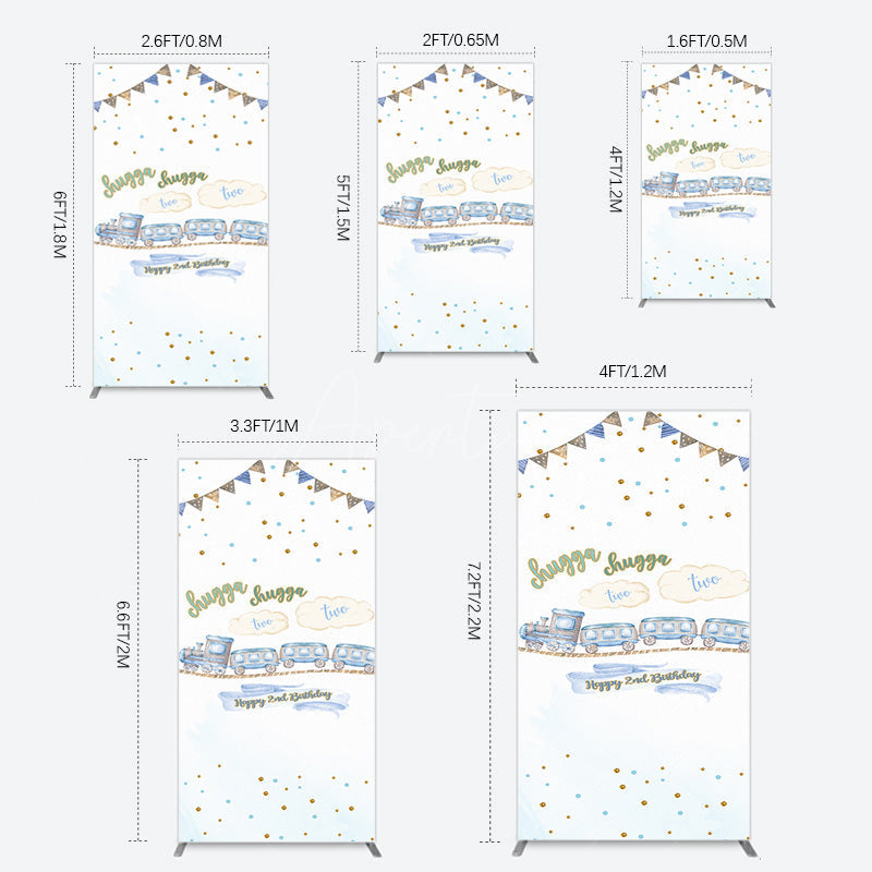 Aperturee - Aperturee White Blue Train Happy 2nd Birthday Rectangle Backdrop