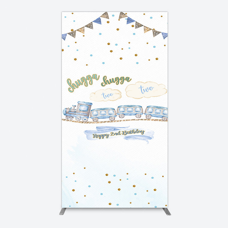 Aperturee - Aperturee White Blue Train Happy 2nd Birthday Rectangle Backdrop