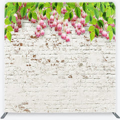 Aperturee - Aperturee White Brick Wall and Pink Flowers Tension Fabric Backdrop Rustic Floral Garden Background Professional Photography
