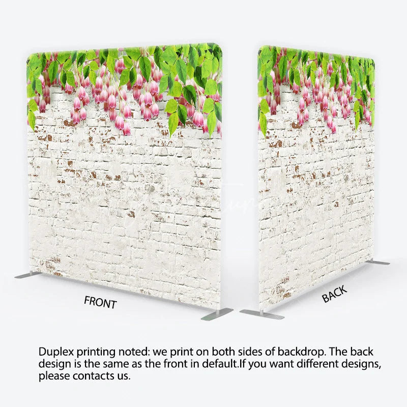 Aperturee - Aperturee White Brick Wall and Pink Flowers Tension Fabric Backdrop Rustic Floral Garden Background Professional Photography