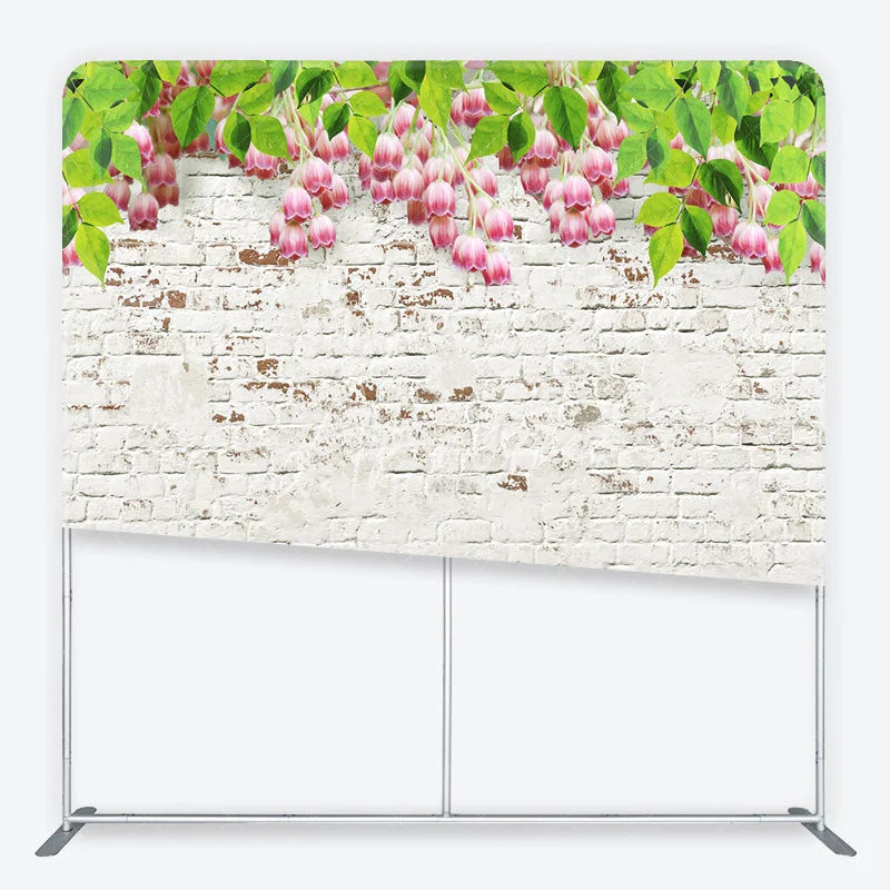 Aperturee - Aperturee White Brick Wall and Pink Flowers Tension Fabric Backdrop Rustic Floral Garden Background Professional Photography