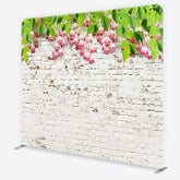 Aperturee - Aperturee White Brick Wall and Pink Flowers Tension Fabric Backdrop Rustic Floral Garden Background Professional Photography