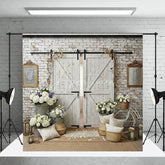 Aperturee - Aperturee White Brick Wall and Rustic Barn Doors Photography Backdrop with Elegant Floral Arrangements Wedding Event Decor