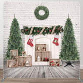 Aperturee - Aperturee White Brick Wall Fireplace Xmas Pillow Case Backdrop