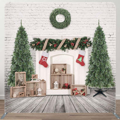 Aperturee - Aperturee White Brick Wall Fireplace Xmas Pillow Case Backdrop
