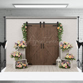 Aperturee - Aperturee White Brick Wall Floral Wood Door Wedding Backdrop