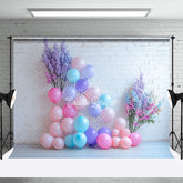 Aperturee - Aperturee White Brick Wall Photography Backdrop with Pastel Balloons Floral Decor for Birthday Baby Shower Photo Booth