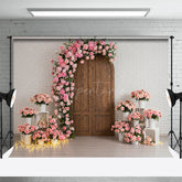 Aperturee - Aperturee White Brick Wall Pink Floral Wood Door Wedding Backdrop