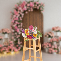 Aperturee - Aperturee White Brick Wall Pink Floral Wood Door Wedding Backdrop
