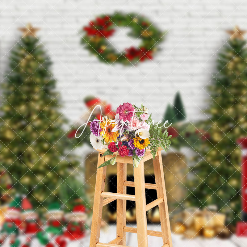 Aperturee - Aperturee White Brick Wall Wreath Doll Tree Christmas Backdrop