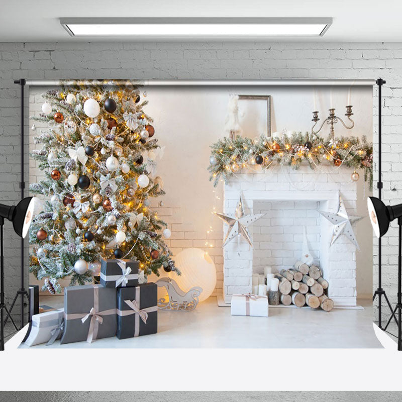 Aperturee - Aperturee White Bricks Fireplace Xmas Tree Christmas Backdrop