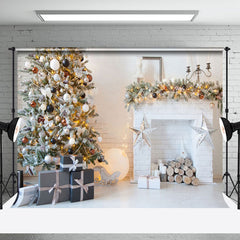Aperturee - Aperturee White Bricks Fireplace Xmas Tree Christmas Backdrop