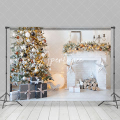 Aperturee - Aperturee White Bricks Fireplace Xmas Tree Christmas Backdrop