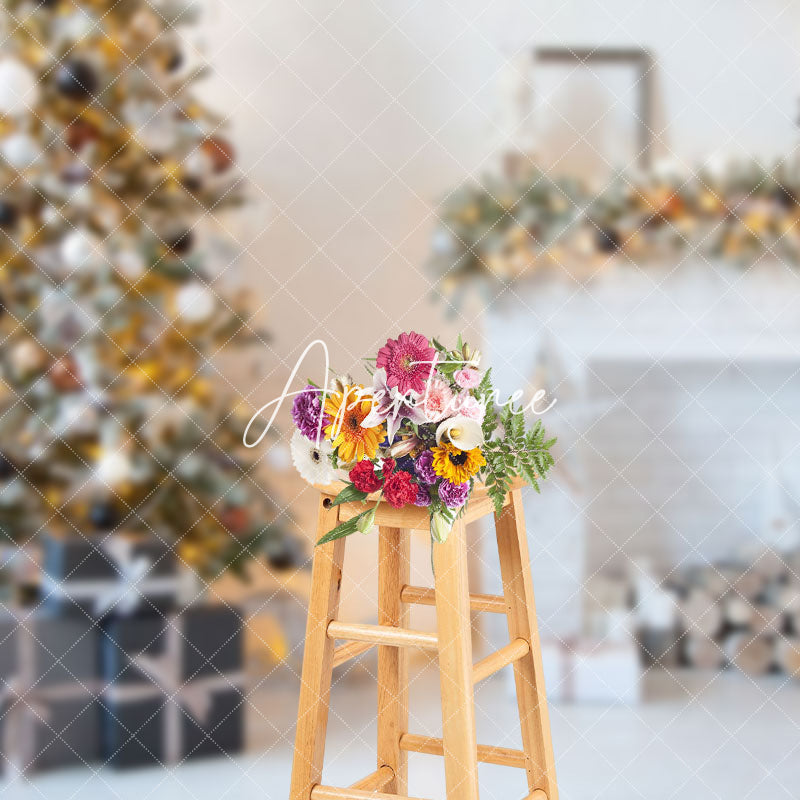 Aperturee - Aperturee White Bricks Fireplace Xmas Tree Christmas Backdrop