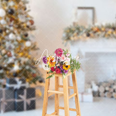 Aperturee - Aperturee White Bricks Fireplace Xmas Tree Christmas Backdrop