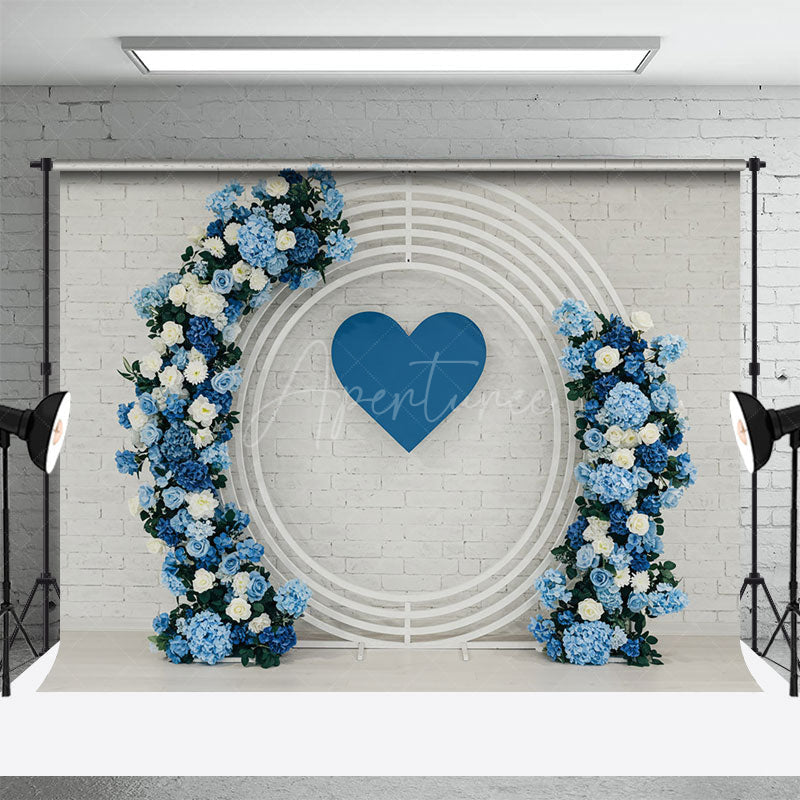Aperturee - Aperturee White Bricks Wall Blue Circle Floral Wedding Backdrop