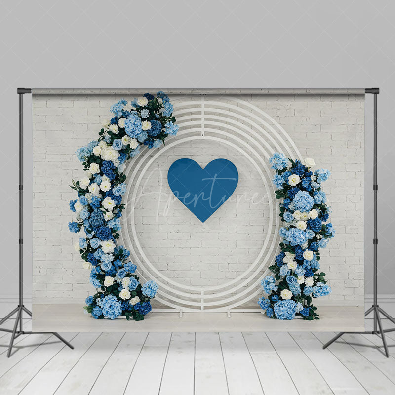 Aperturee - Aperturee White Bricks Wall Blue Circle Floral Wedding Backdrop