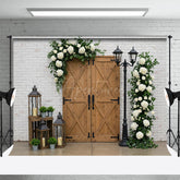 Aperturee - Aperturee White Bricks Wall Floral Wood Door Photo Backdrop
