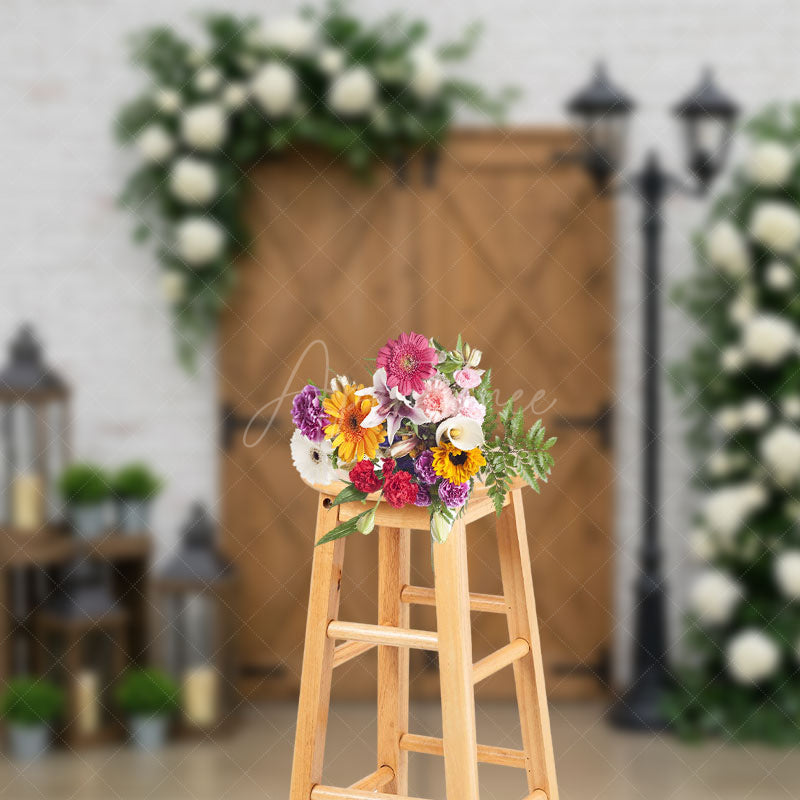 Aperturee - Aperturee White Bricks Wall Floral Wood Door Photo Backdrop