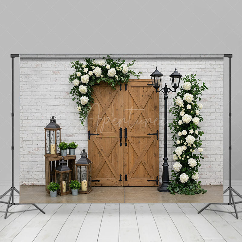Aperturee - Aperturee White Bricks Wall Floral Wood Door Photo Backdrop