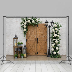 Aperturee - Aperturee White Bricks Wall Floral Wood Door Photo Backdrop
