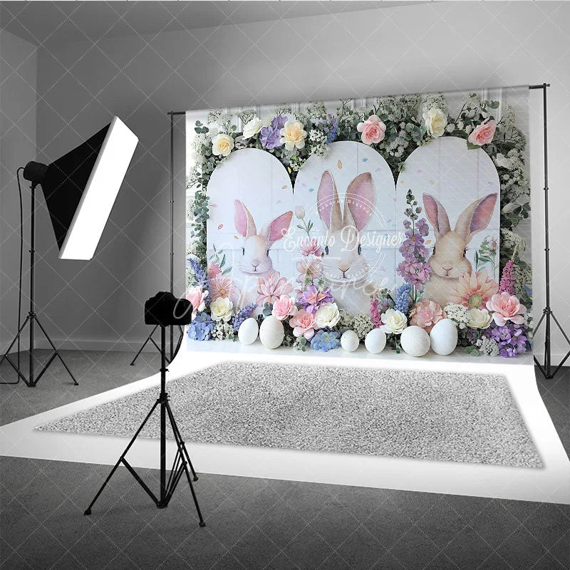 Aperturee - Aperturee White Bunny Peeking Backdrop Spring Floral Bloom and Easter Eggs Portrait Decoration